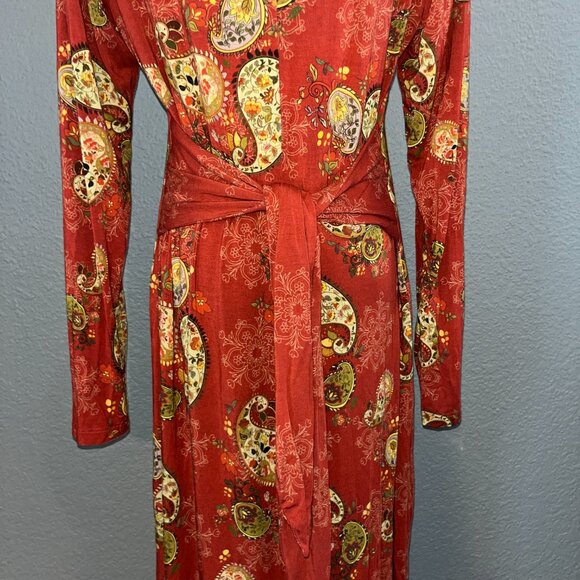 JOHNNY WAS PAISLEY PRINT DRESS STRETCH KNIT PULL OVER LONG SLEEVES SIDE SLITS -L - Picture 12 of 16